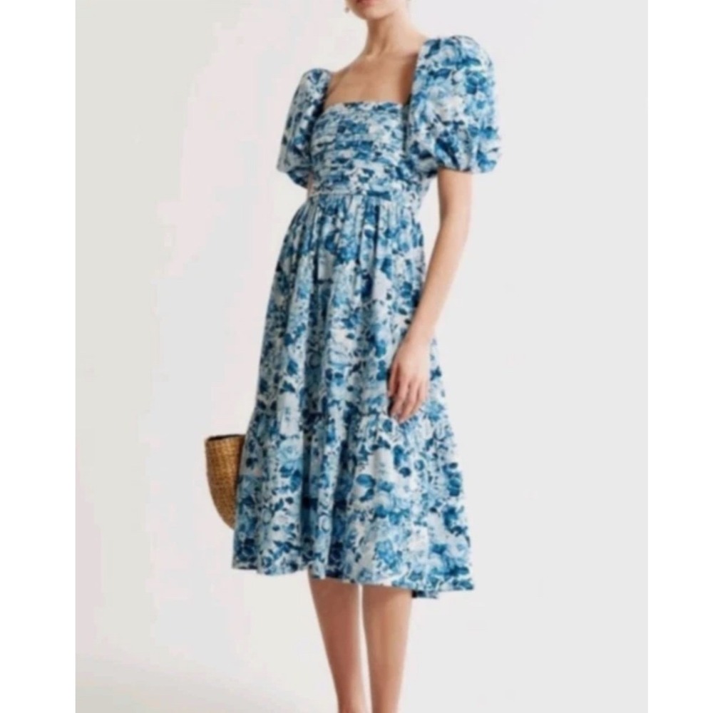 Abercrombie & Fitch Emerson Blue Floral Poplin Smocked Midi Puff Sleeve Dress M